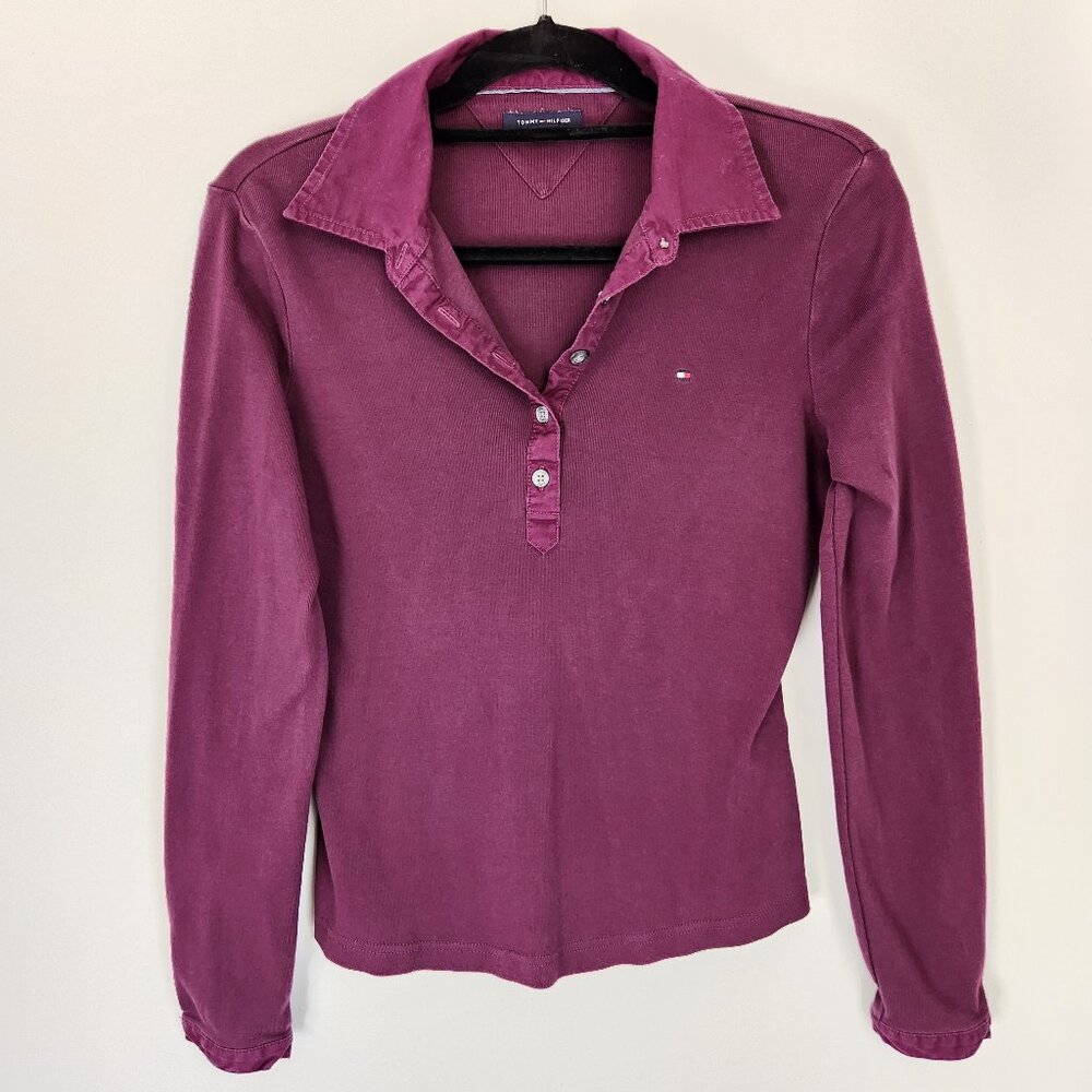 Women's Tommy Hilfiger Purple Logo Long Sleeve Polo Top Medium Like New